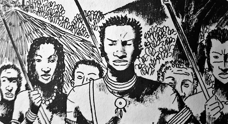 Ilustração de Angola Janga. Visto do torso para cima, Zumbi está à frente de homens e mulheres. Esses estão armados com lanças e parecem corajosos