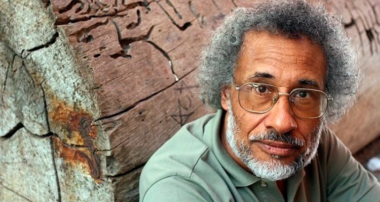 Retrato de Oliveira Silveira, onde ele se encontra encostado num tronco de madeira.