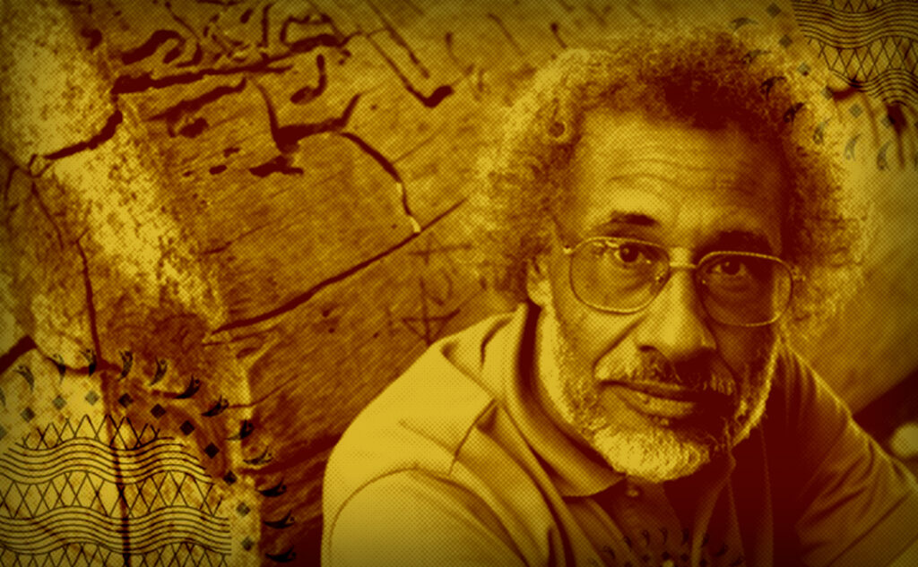imagem do professor Oliveira Silveira, encostado num tronco de árvore. Sobre a foto tem um filtro sépia, com alguns padrões tribais nos cantos. No Editorial Maratona