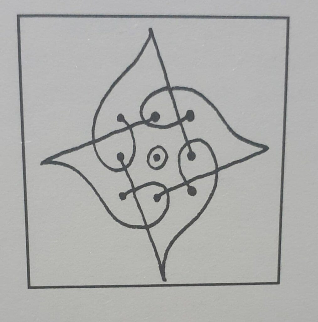desenho feito por linhas. São 9 pontos dispostos num quadrado (1 2 3, 4 5 6, 7 8 9). A forma final é uma espécie de flor, com pétalas pontudas