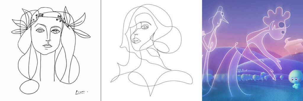 Imagem em 3 partes. A mais à esquerda, uma mulher, com adereços de folhas na cabeça, é desenhada com poucas linhas. Ao centro, uma mulher em perfil, com um coque de cabelo, desenhada com uma única linha. Na terceira, um Jerry exibindo 22 para alguém fora de quadro.