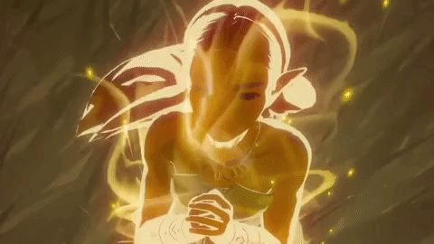 Cena de Breath of the Wild. Zelda possui ondas de energia dourada ao seu redor, e usa essa energia na forma de um golpe feito com as mãos.