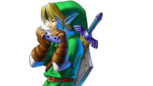 Link, de Ocarina of Time, tocando sua ocarina.