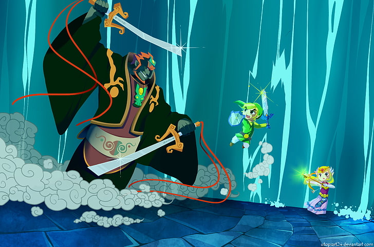 Cena do jogo The Wind Waker. Link está com espada e escudo erguidos, saltando para realizar um ataque. Zelda, atrás dele, está com o arco e flecha pronto para disparar uma flecha de luz. Ambos enfrentam Ganondorf, que está usando duas espadas. 