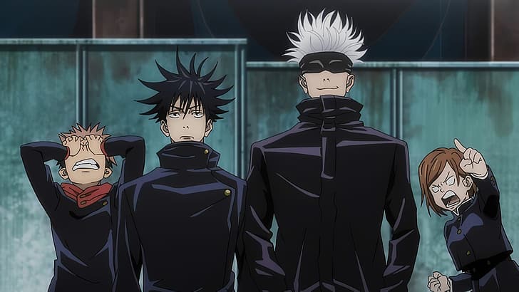 Gojo Sensei e seus alunos: Fushiguro, Yuuji e Nobara.