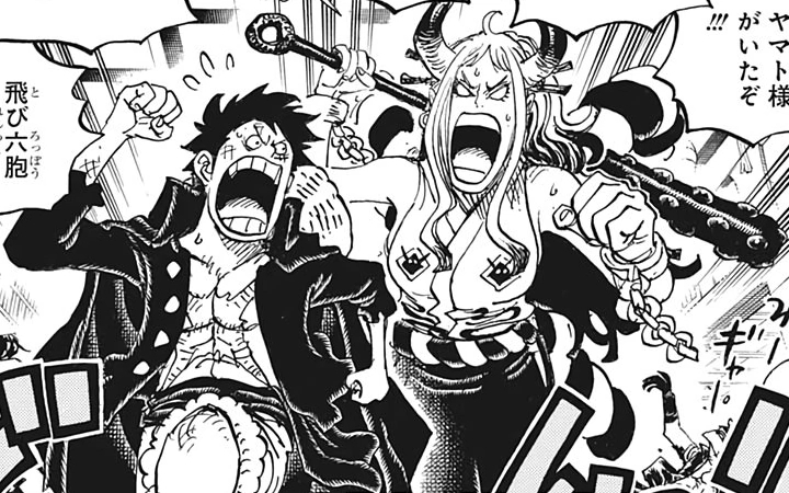 Luffy e Yamato correndo de inimigos em One Piece