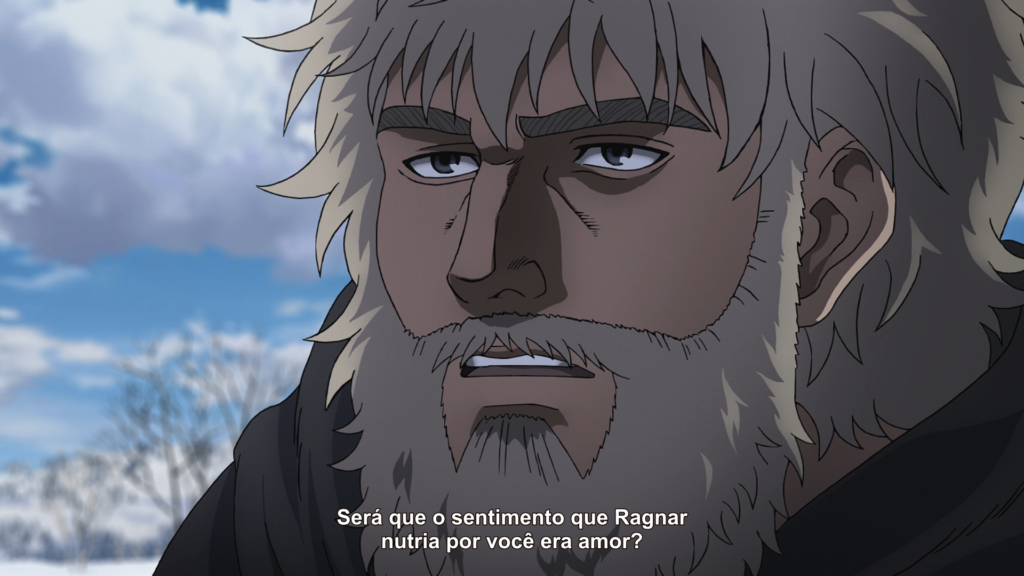 Cena de Vinland Saga, onde Padre Willibald, em close, dizendo "Será que o sentimento que Ragnar nutria por você era amor?"
