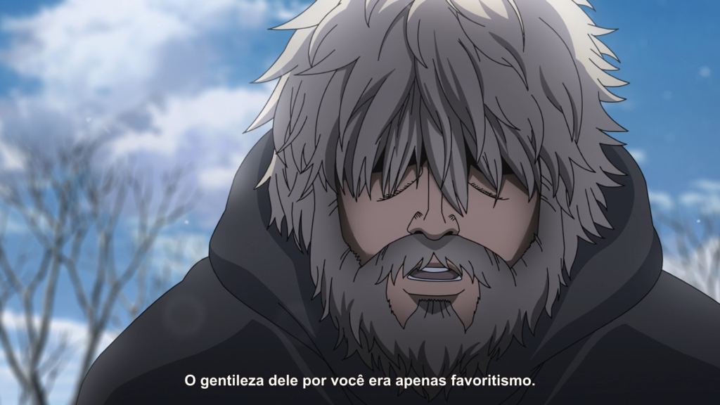 Cena de Vinland Saga, onde o padre está em close, dizendo "A gentileza dele por você era apenas favoritismo" 